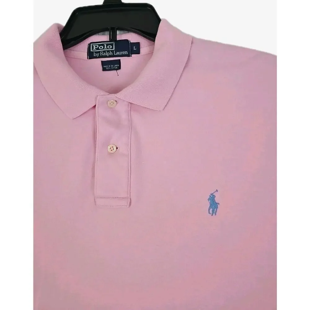 Polo Ralph Lauren ~Men's Size L~ Pink Blue Polo Shirt Pink Logo 100% Cotton.